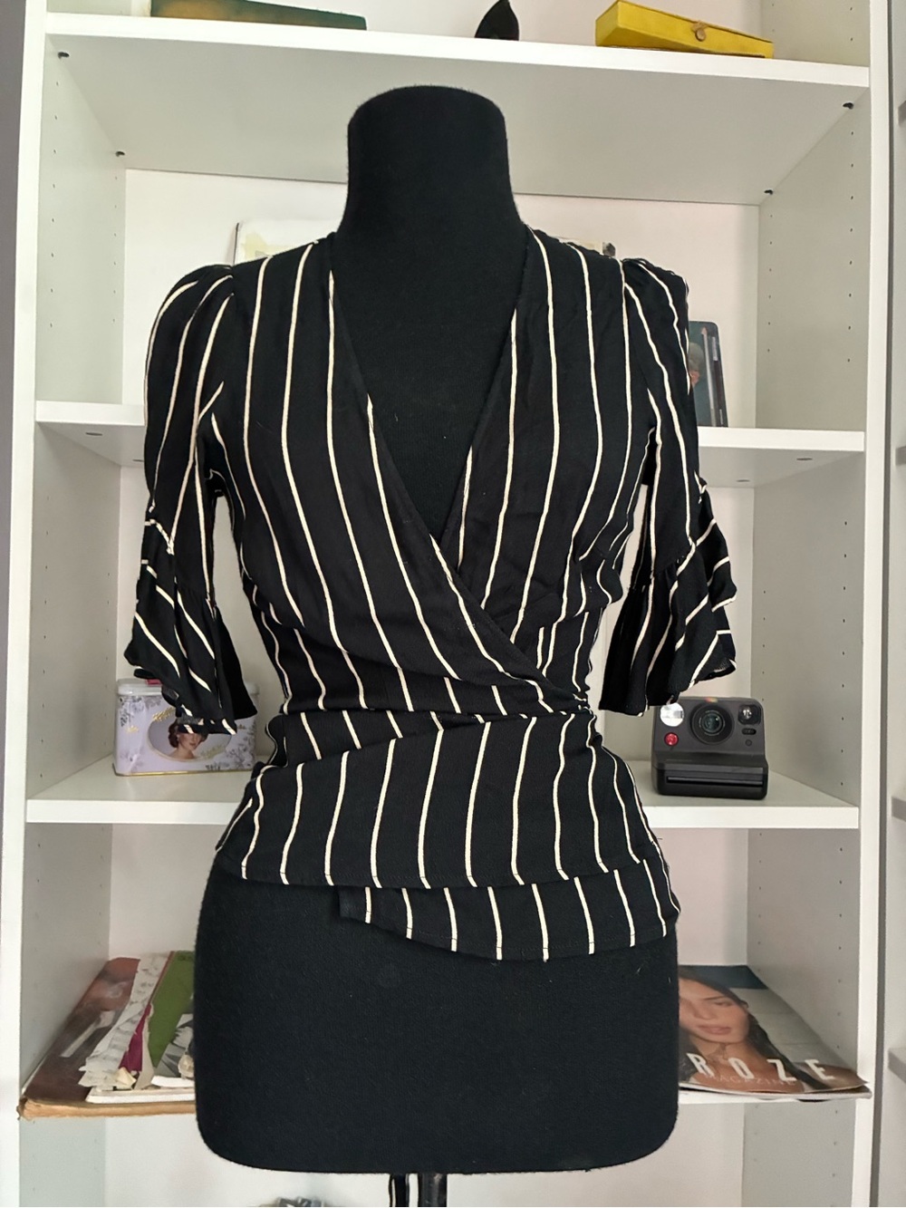 REFORMATION Black Blouse with Vertical Stripes